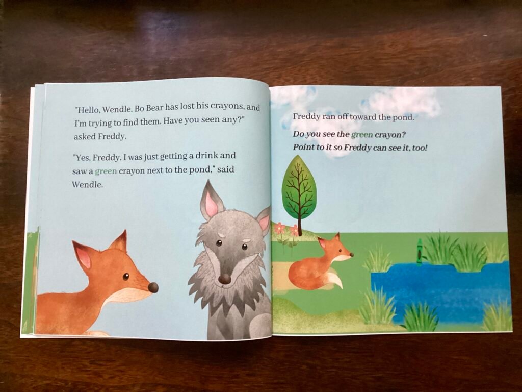 Open Children's picture book showing 2 page spread