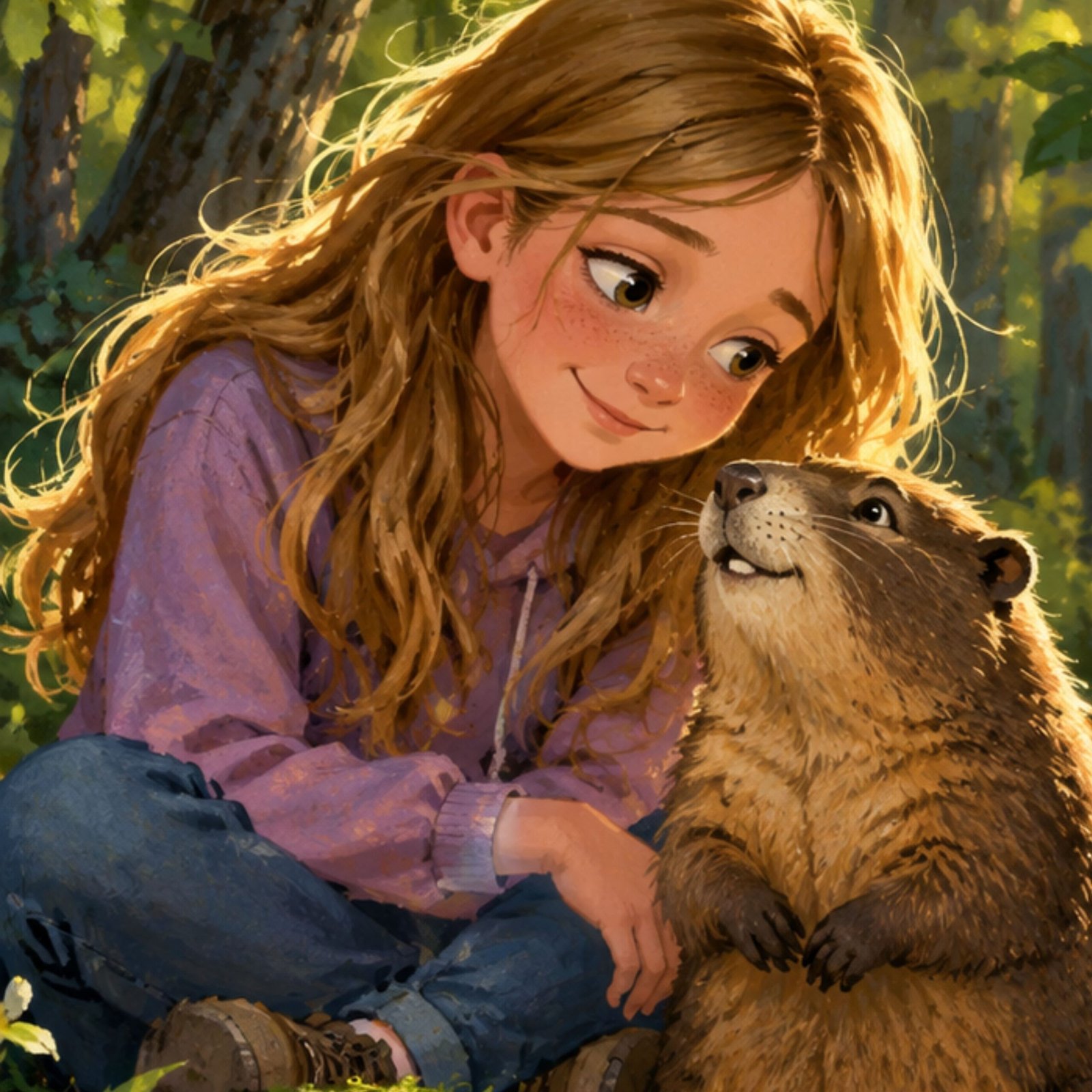 A young girl sitting to her groundhog best friend