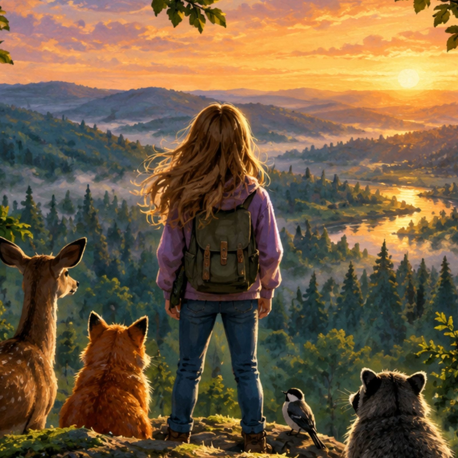 A girl looks out over a hill with her animal friends. 