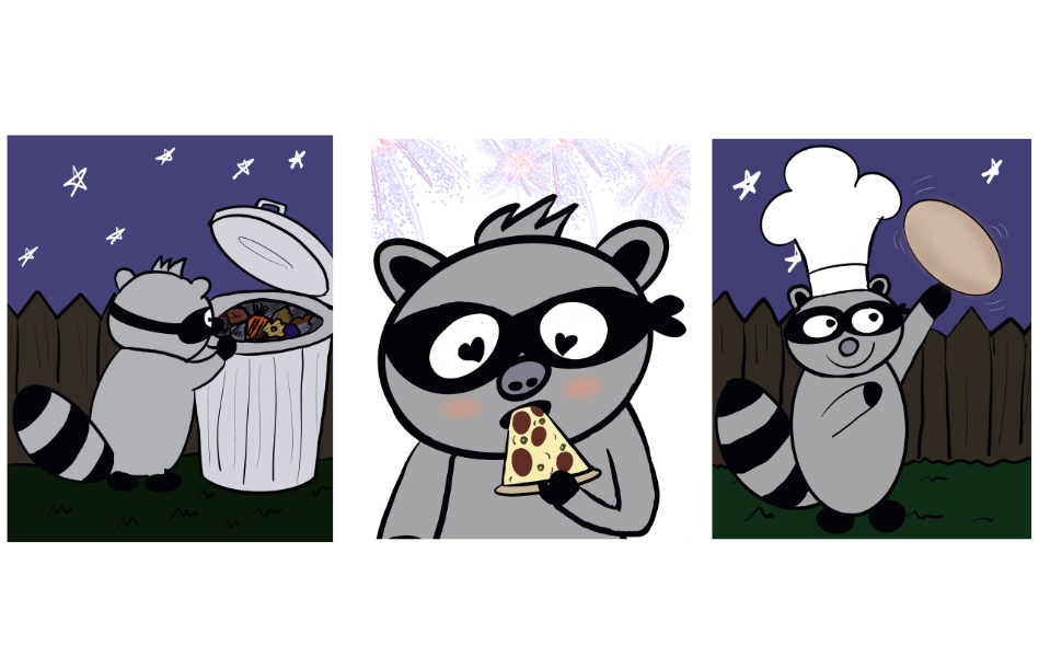 A raccoon looking in a trashcan, eating pizza, and spinning dough