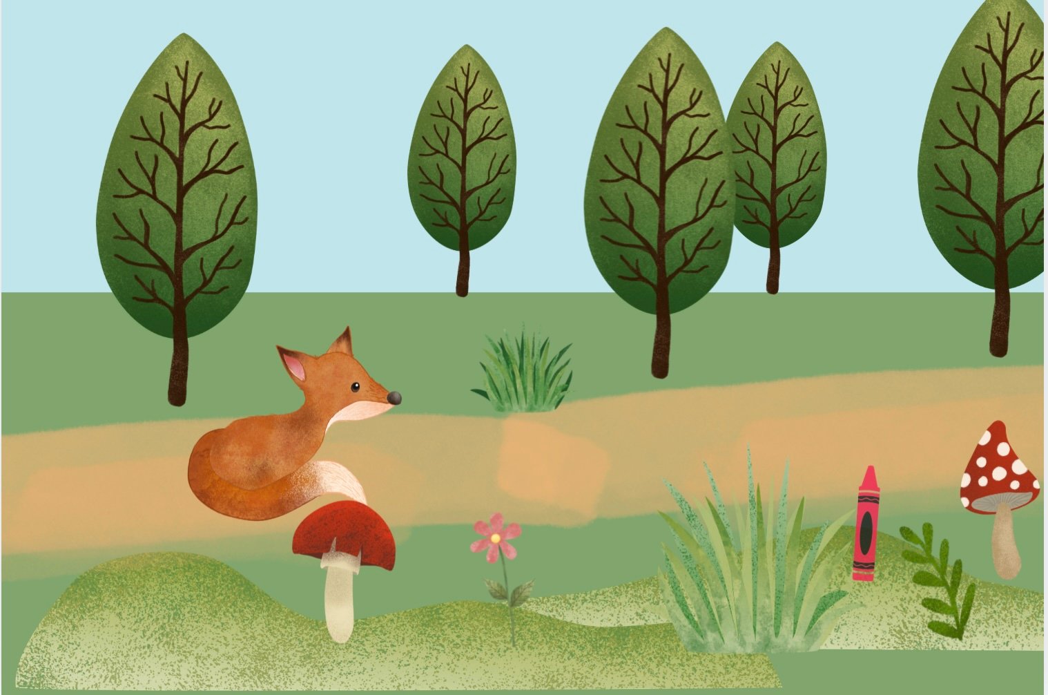 A fox on a path is looking for a red crayon