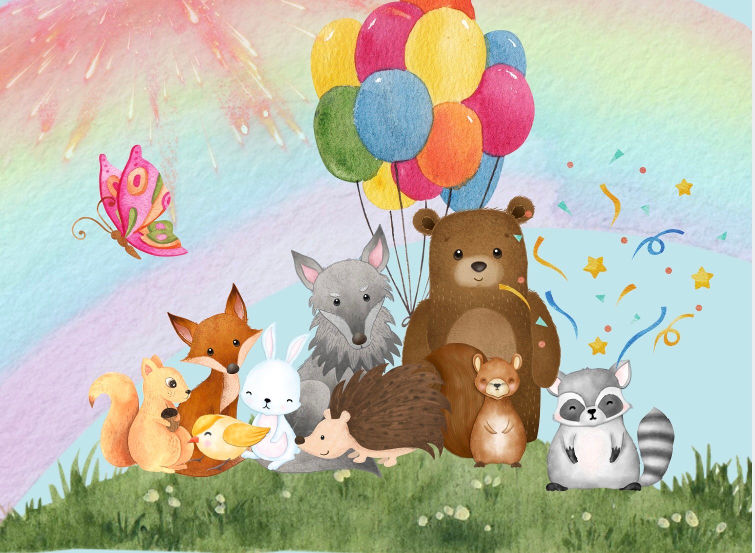 A bunch of woodland animals celebrate and hold balloons