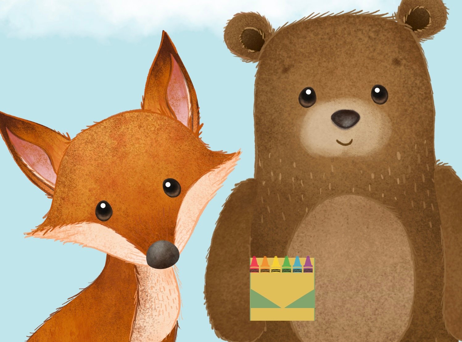 A bear and a fox with a box of crayons
