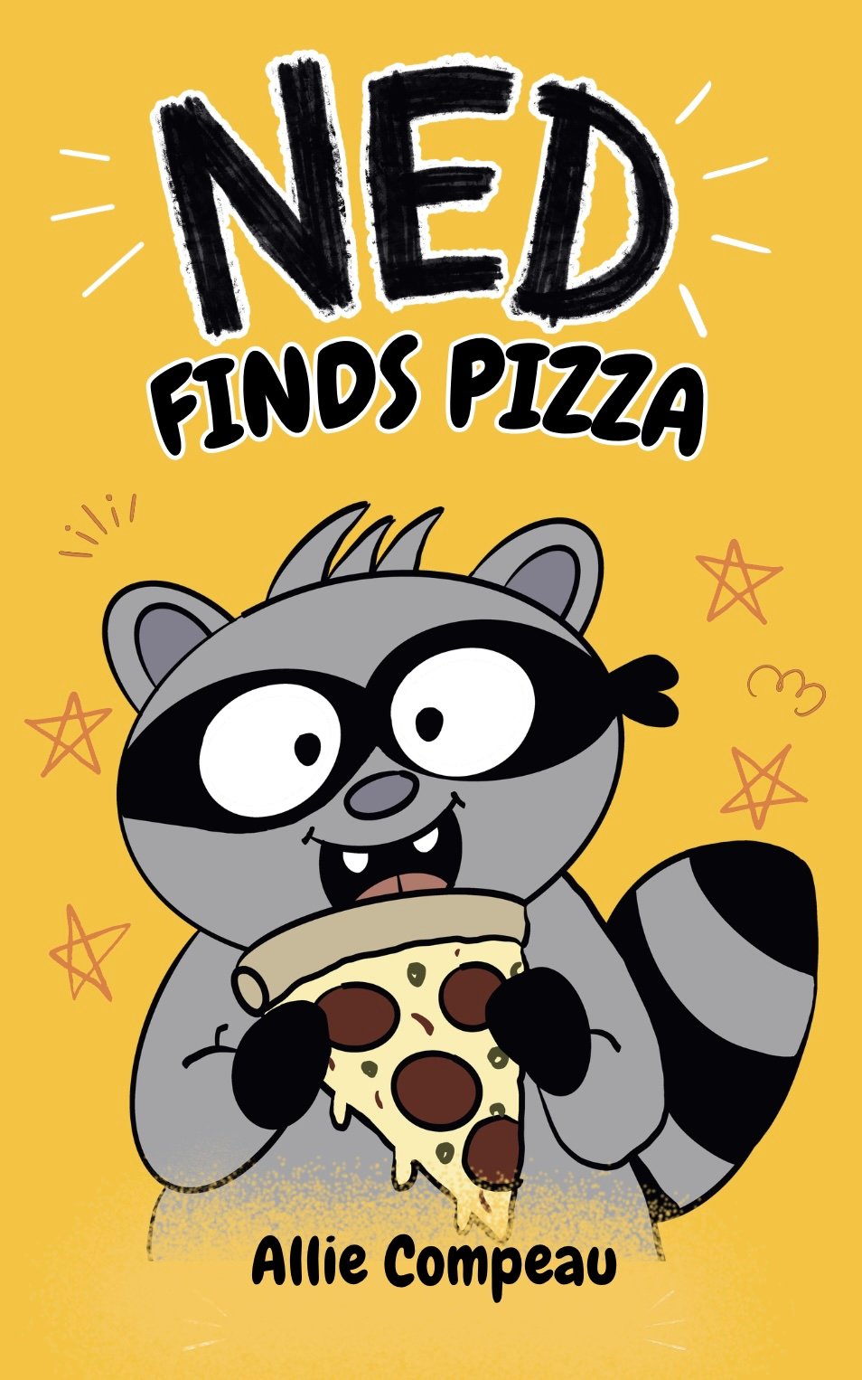 Cartoon raccoon eating a slice of pizza