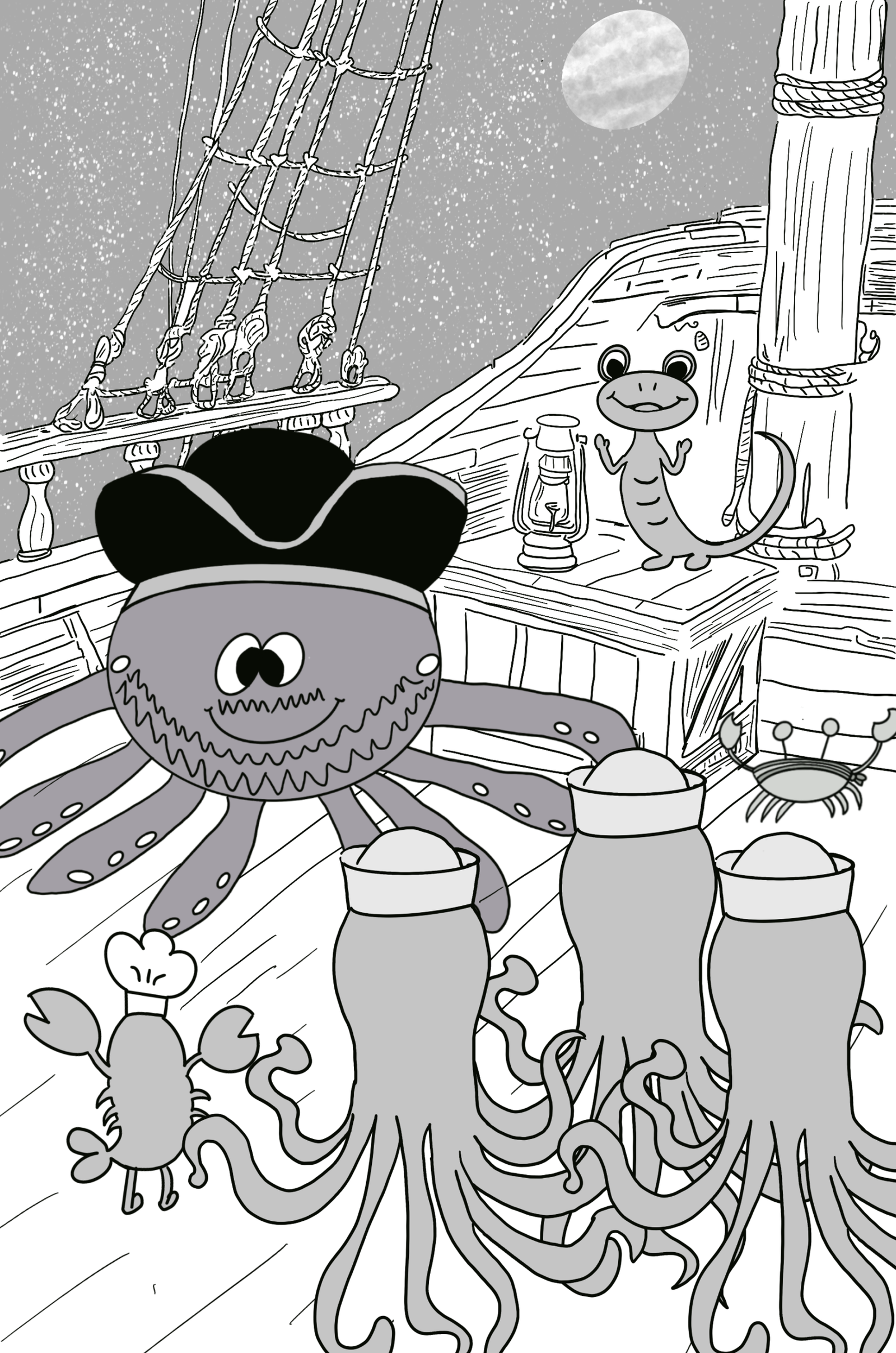 A pirate crew of sea creatures and a salamander on the deck of a pirate ship