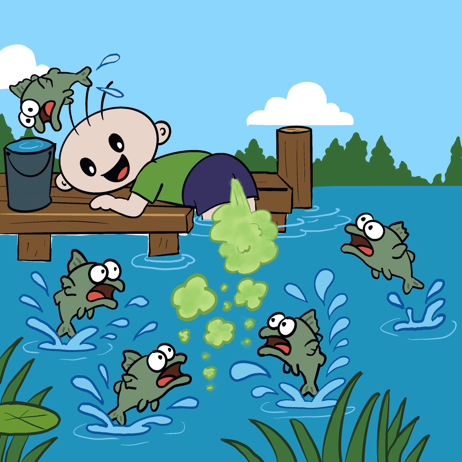 Gus farting off a dock while fish jump from the water in Why Do People Fart?