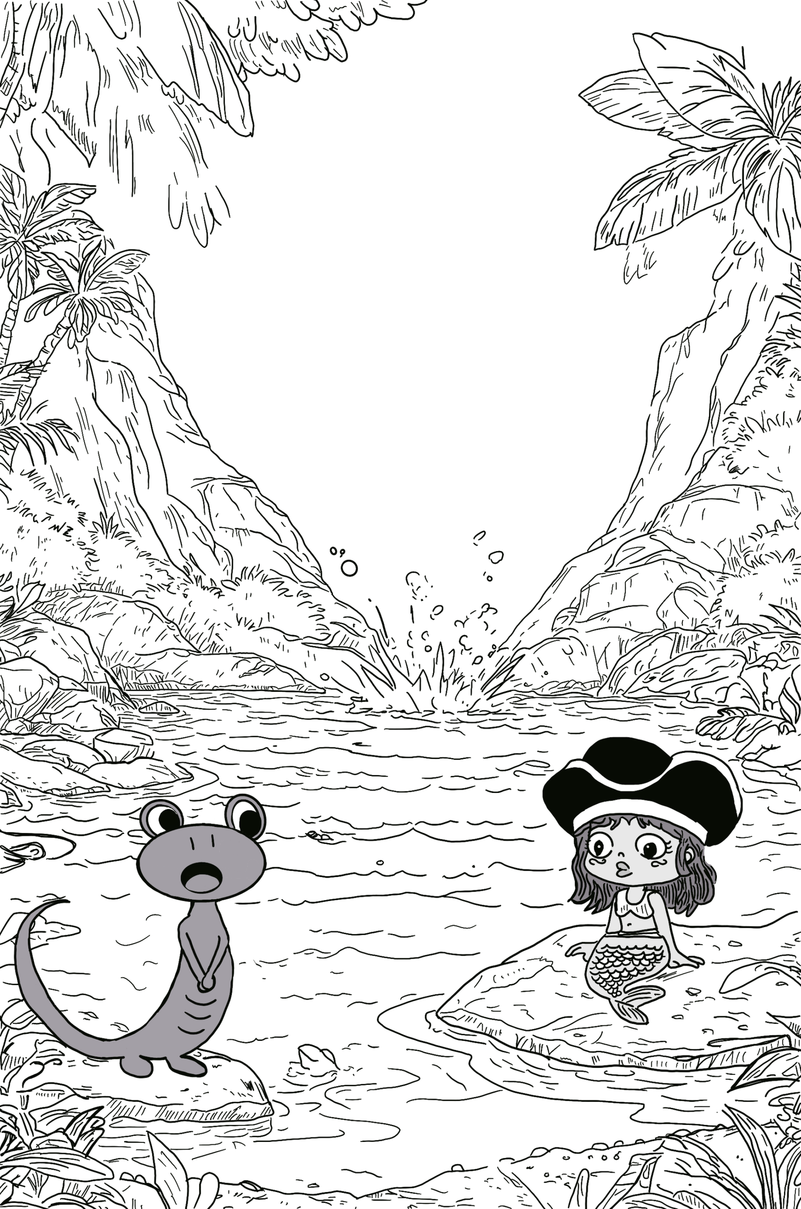 A salamander talks to a mermaid at a lagoon