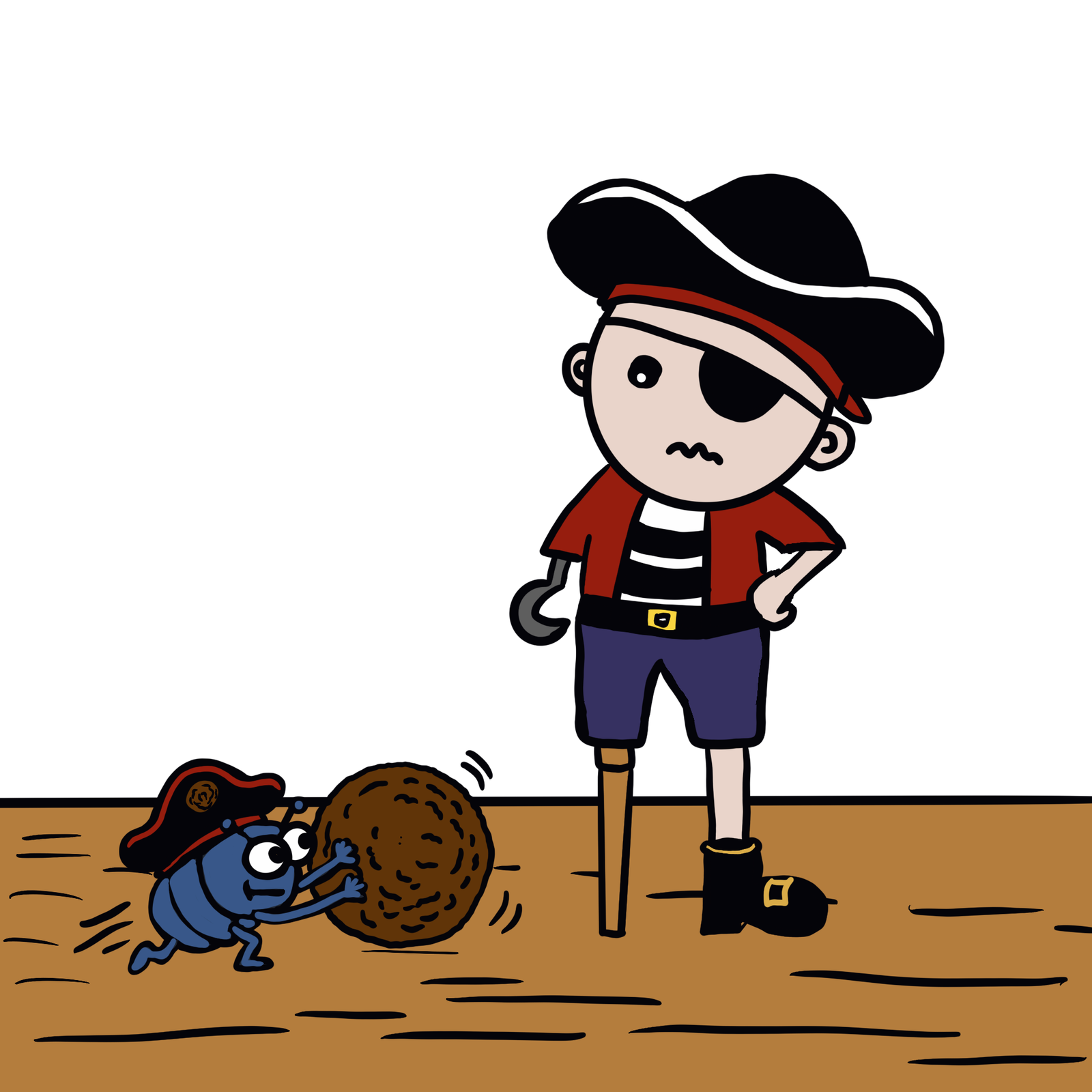 A young pirate on the deck of a ship with a dung beetle. 