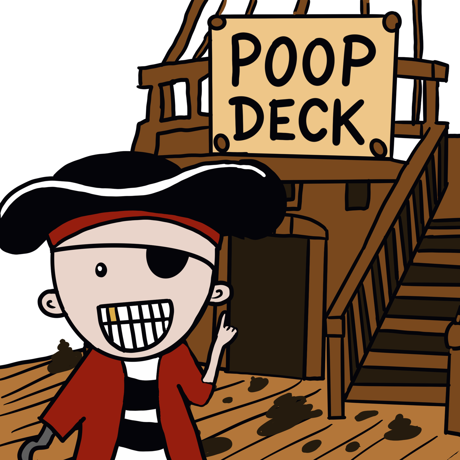 a pirate standing on a deck of a ship from the children's book Where Do Pirates Poop?