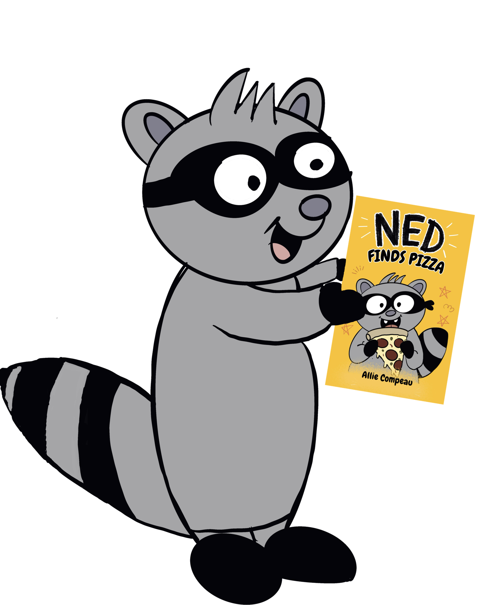 Ned Finds Pizza A raccoon holding a book
