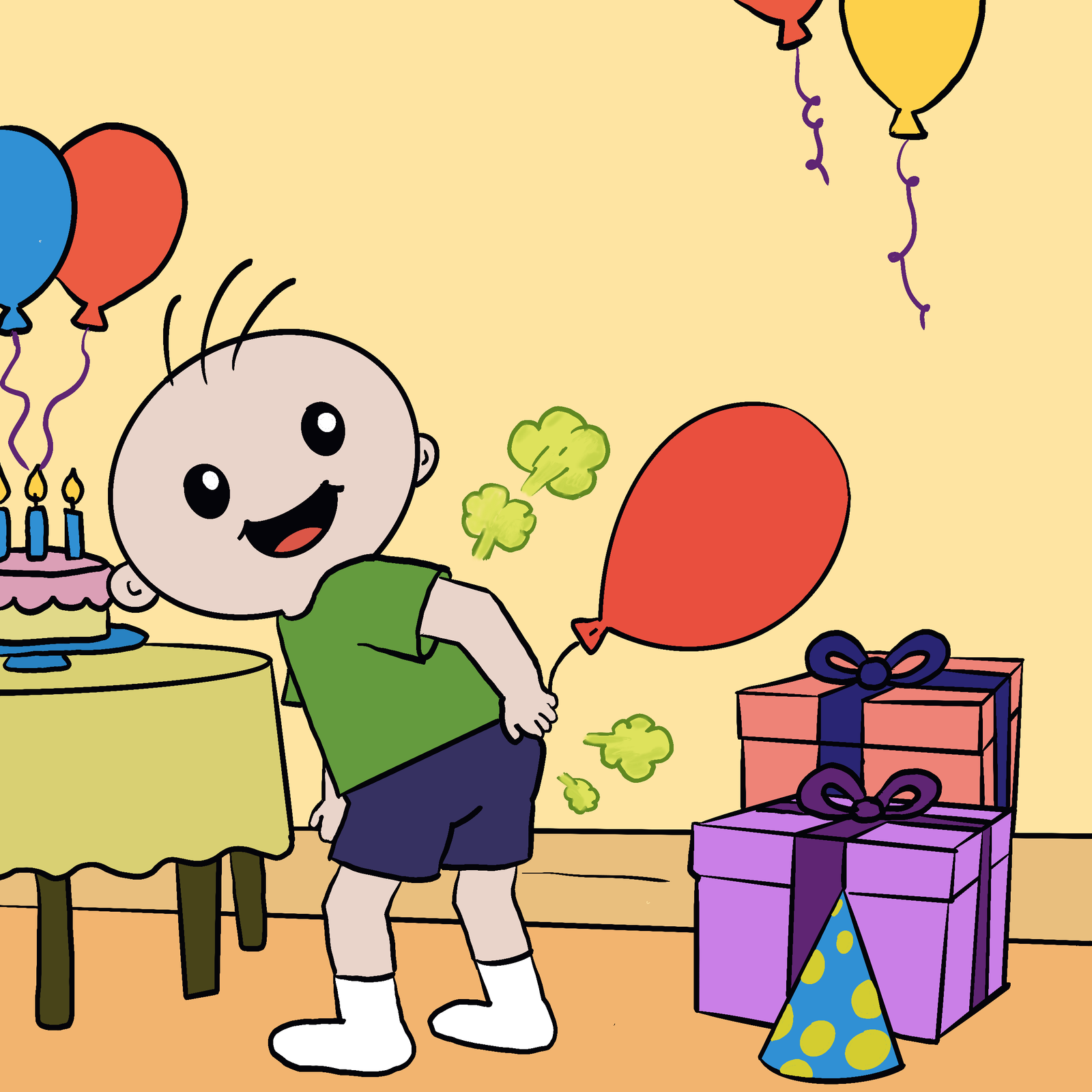 Gus trying to fill a birthday balloon with a fart in Why Do People Fart?