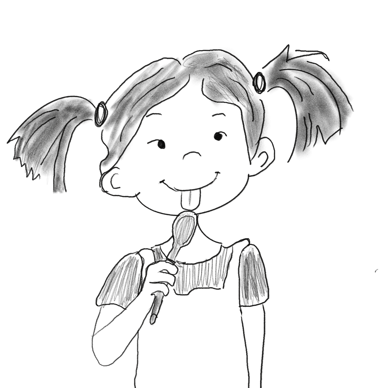 A girl licking the icing off of a spoon