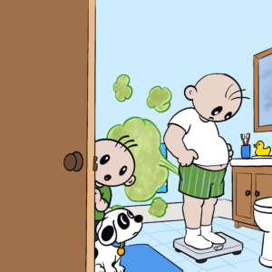 A kid and dog look on as a man farts while weighing himself.