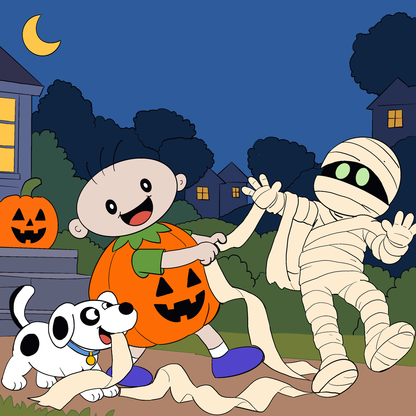 Gus unwrapping a mummy at Halloween. 