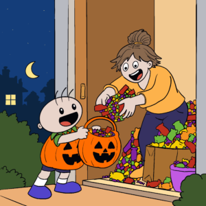 Gus trick or treating and getting lots of candy.