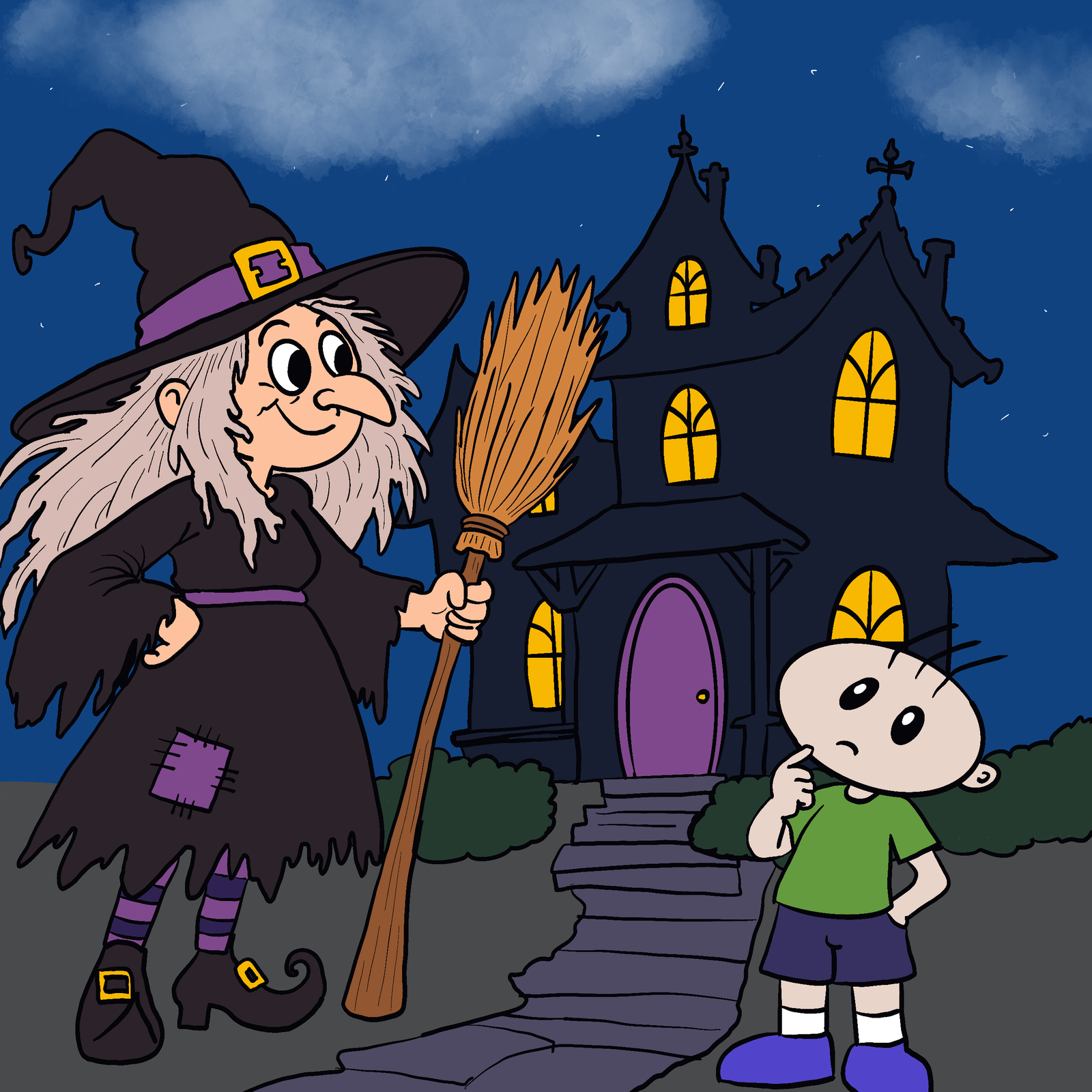 Gus looking at a witch and her broomstick on Halloween. 
