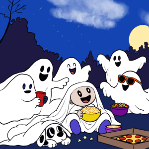 Gus hanging out with ghosts, eating pizza and popcorn on Halloween.