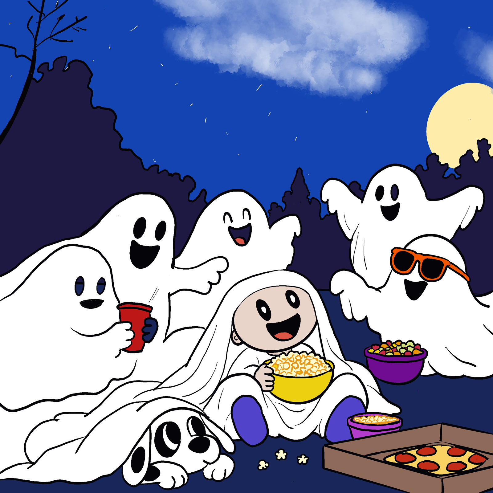 Gus hanging out with ghosts, eating pizza and popcorn on Halloween. 