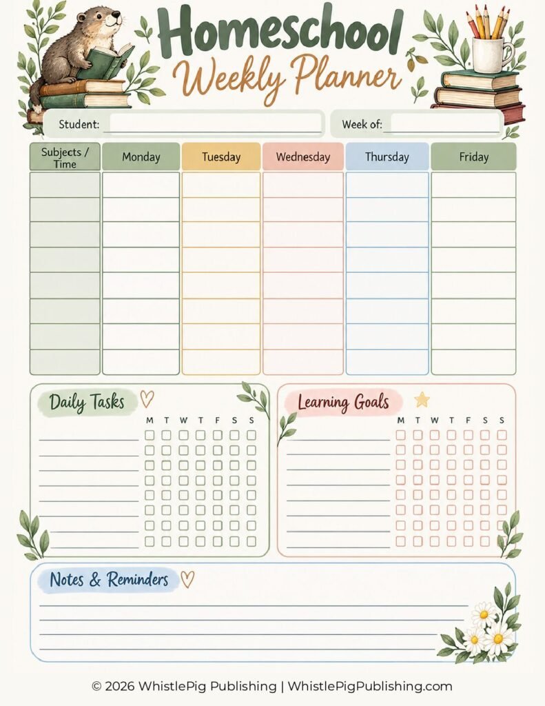 Preview of the free WhistlePig Homeschool Weekly Planner printable