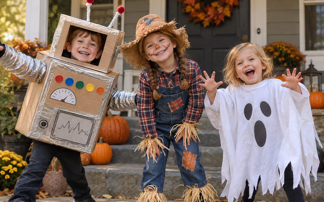 Three children wearing homemade Halloween costumes, including a cardboard robot, scarecrow, and ghost, standing on a decorated front porch.