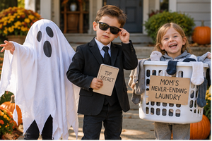 Kids in Halloween costumes standing in front of a house's porch. 