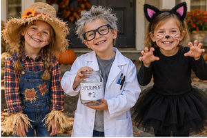 Kids in halloween costumes smiling for the camera. 