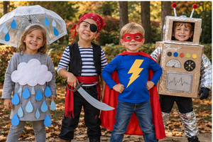 Kids in halloween costumes smiling and standing in a line. 