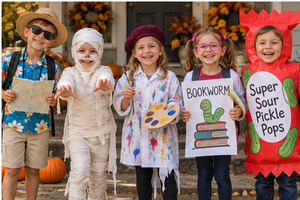 Kdis in halloween costumes smiling in front of a house front porch.